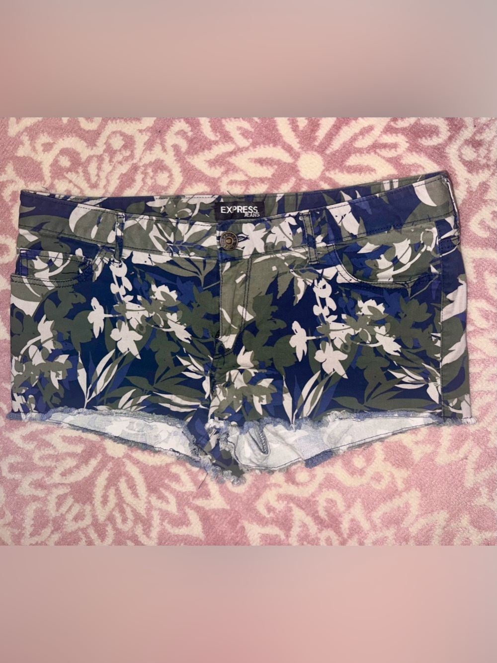 Express Floral Print Stretch Denim Shorts Blue Green Size 12